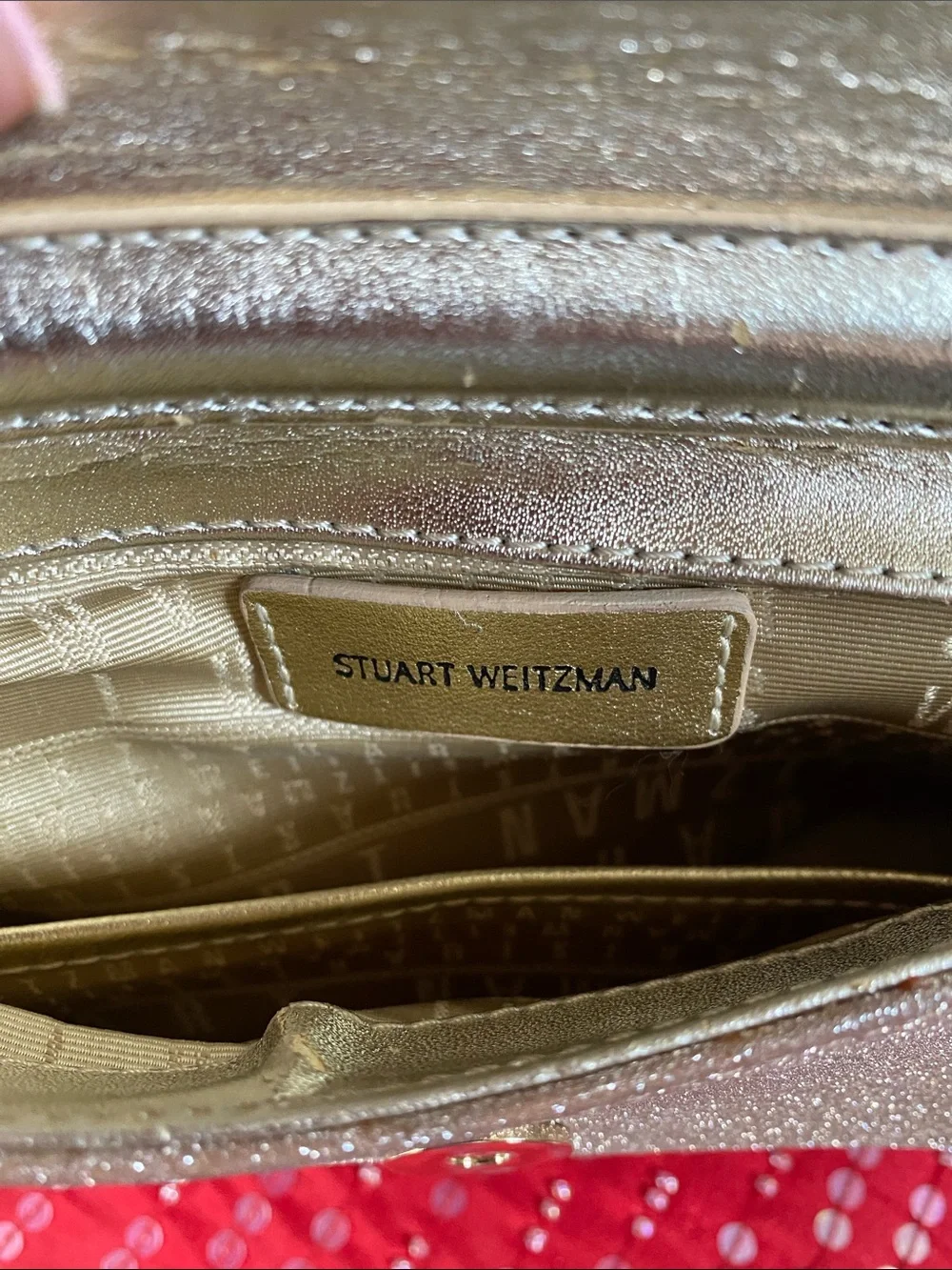 Stuart Weitzman With Certificates Sparkling Gold Logo Lining Bag With Gold Chain